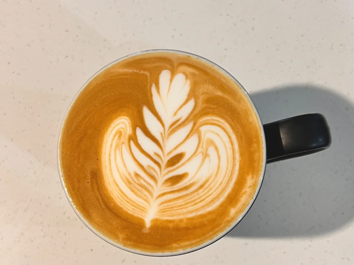 A latte with leaf pattern art in a cup.
