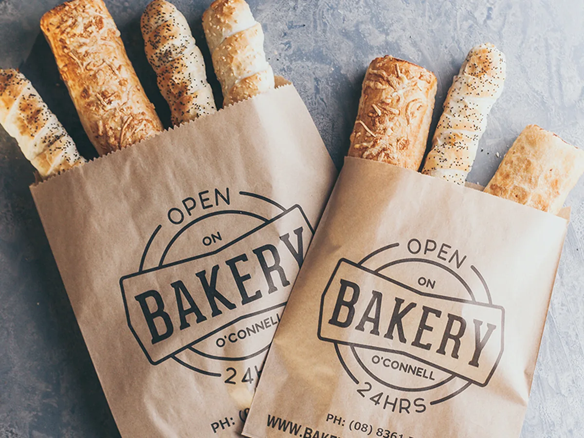 Sausage rolls and kransky in Bakery on O’Connell paper bags.