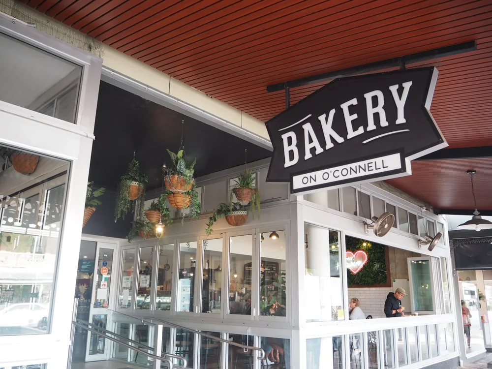 The verandah and the Bakery on O’Connell sign on O’Connell Street.