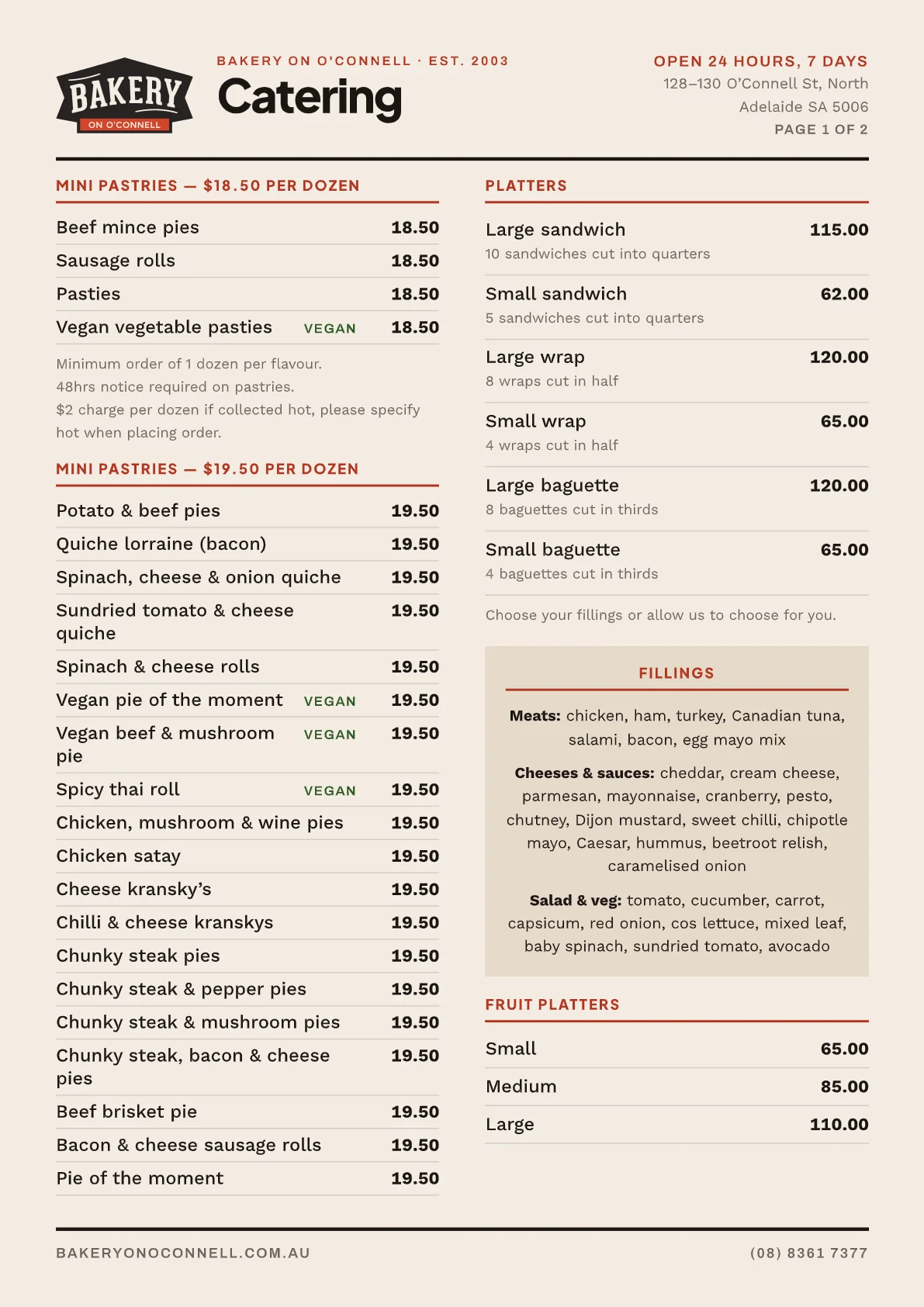 Catering menu, page one: mini pastries, platters and fillings.