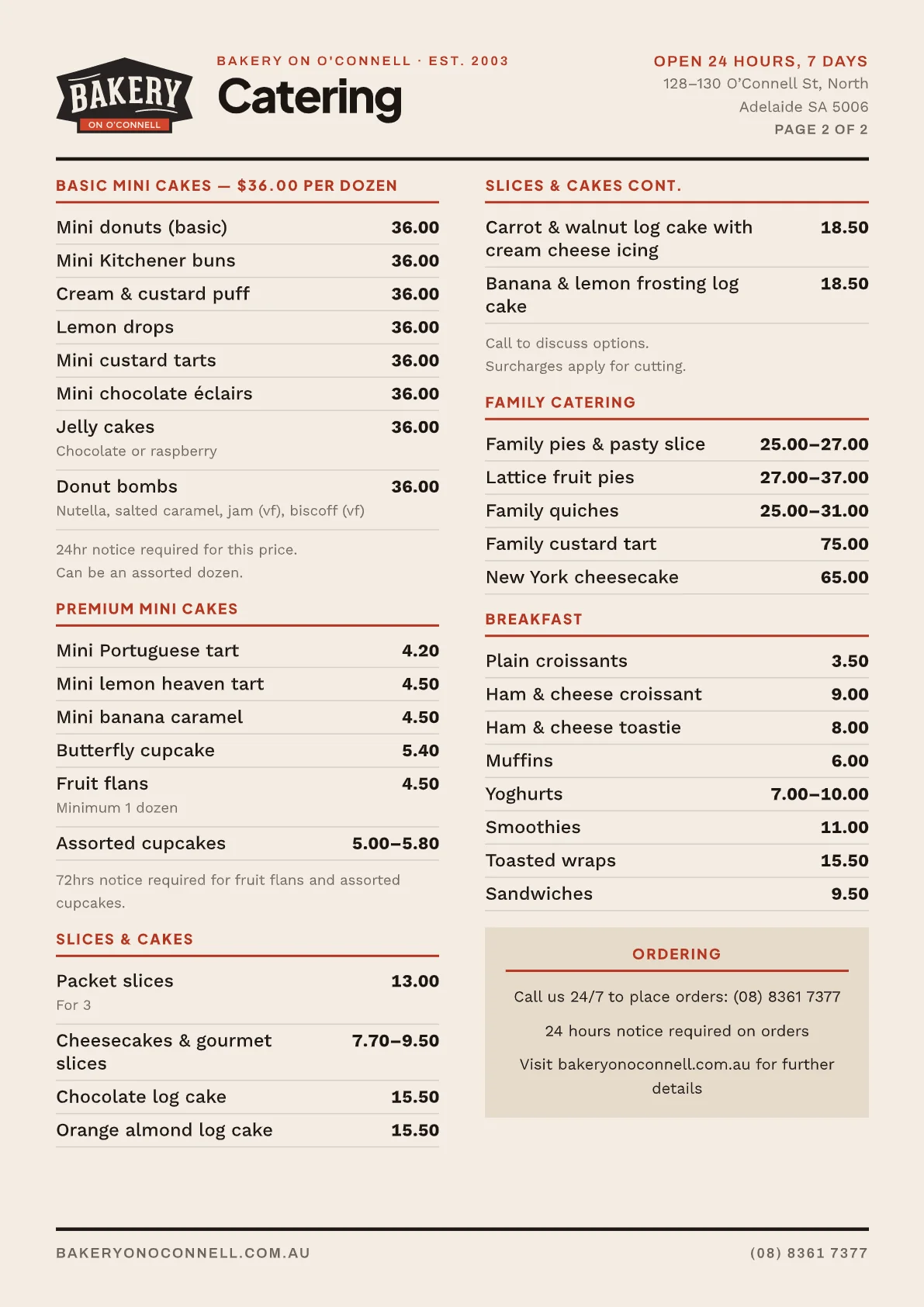 Catering menu, page two: mini cakes, slices, family catering and breakfast.
